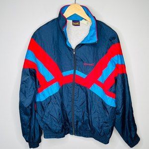 Spalding VTG Full Zip Windbreaker Jacket Mens L Blue Red Elastic Hem Cuff